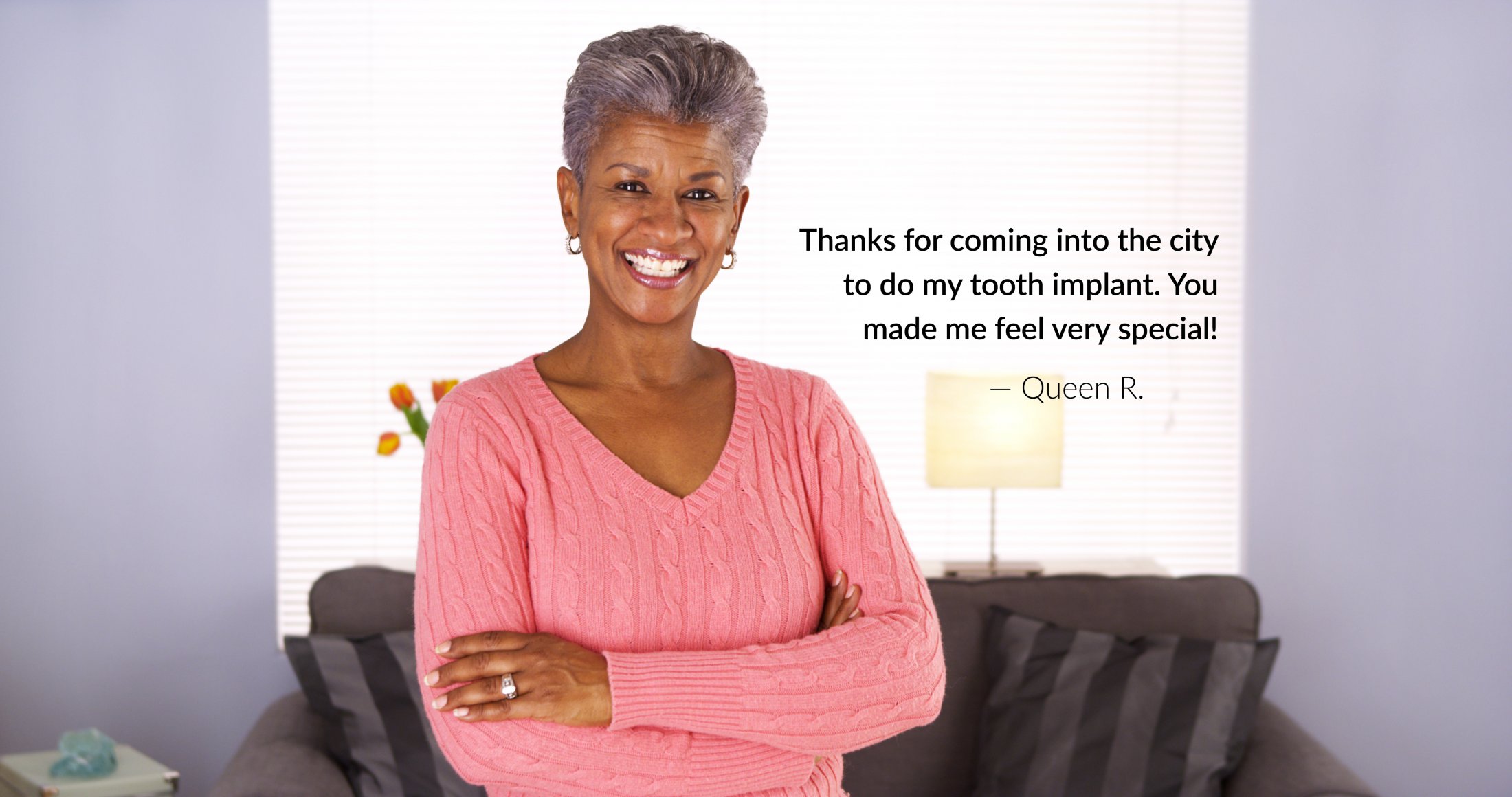 woman smiling with text of patient testimonial
