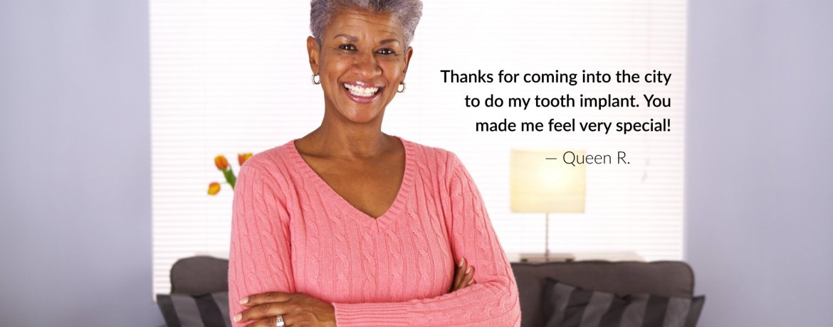 woman smiling with text of patient testimonial