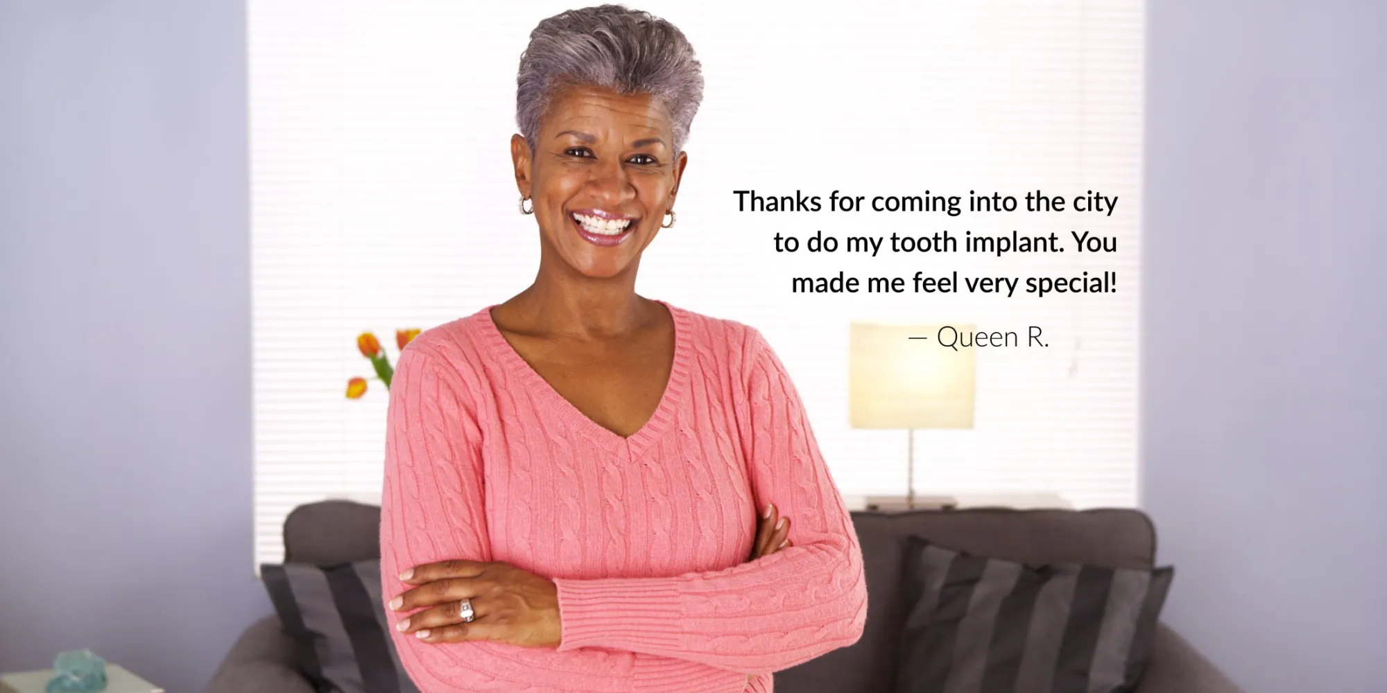 woman smiling with text of patient testimonial